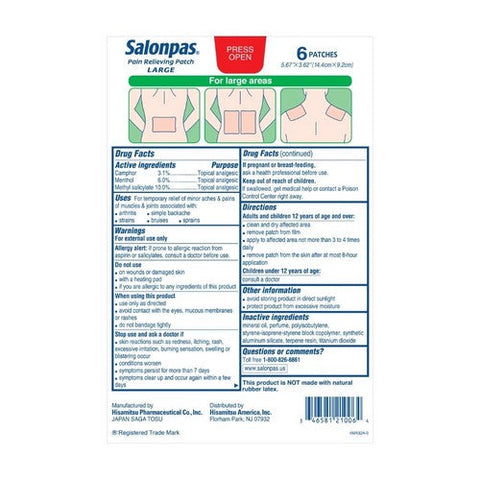 Salonpas, Pain Relieving Patches Large, 6 Each