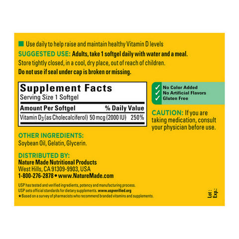 Nature Made, Vitamin D3, 50 Mcg, 250 Softgels Nature Made