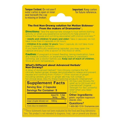 Dramamine, Motion Sickness Non Drowsy Natural Ginger Capsules, 18 Tabs Dramamine