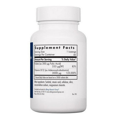 Nutricology/ Allergy Research Group, B12 AdenosylcobalaminWith Folic Acid, 3000 Mcg, 60 Lozenges Nutricology/ Allergy Research Group