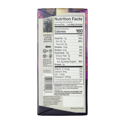Endangered Species, Cocoa Dark Chocolate Raspberry Filling, 3 Oz(Case Of 12) Endangered Species