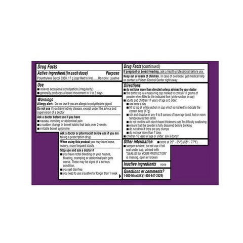 Miralax, Polyethylene Glycol 3350 Osmotic Laxative Powder Unflavored, 8.3 Oz